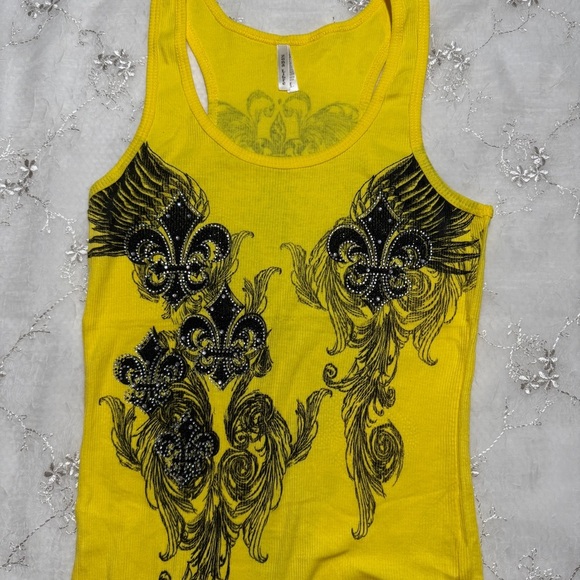 Vintage Y2K Zona Libra Yellow Rhinestone Fleur-de-Lis Wing Tank Top Size Large - Picture 3 of 5